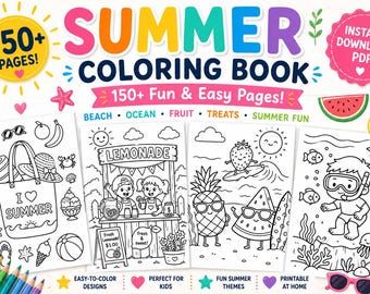 Summer Coloring Book for Kids, Beach Ocean Animals, 150+ Pages (Digital Download)
