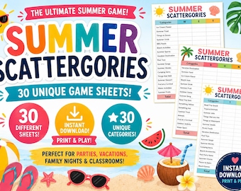 Summer Scattergories Party Game, Beach Vacation Activity (Instant Download)