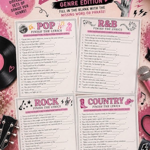 May include: A Guess the Lyrics game set featuring four printed cards for Pop, R&B, Rock, and Country music genres. Each card includes twenty-one fill-in-the-blank song lyric lines. The design uses pink and black text with musical icons.