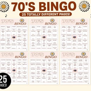 May include: A set of six bingo cards with a retro 70's theme. The cards are beige with a daisy graphic and the text "70's Bingo". The text "25 Totally Different Pages!" is also visible. Musical notes are scattered around the cards.