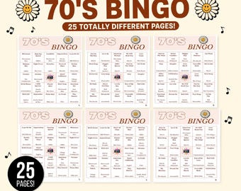 70's Music Bingo Cards, Retro Party Game (Instant Download)