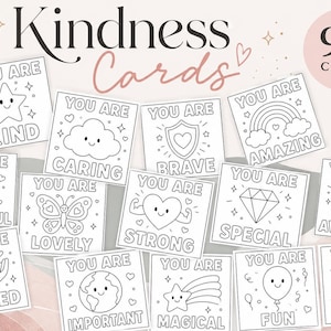 Peut inclure: Un ensemble de 90 cartes de gentillesse carrées présentant des illustrations au trait noir et blanc avec des affirmations positives. Chaque carte affiche une icône unique comme une étoile, un nuage, un arc-en-ciel, un papillon, un cœur ou un ours.