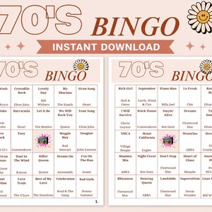 May include: A printable 70's Bingo game with two cards, featuring song titles and a daisy graphic. The design includes the text "70's Bingo" and "Instant Download" in a retro font, perfect for a themed party.