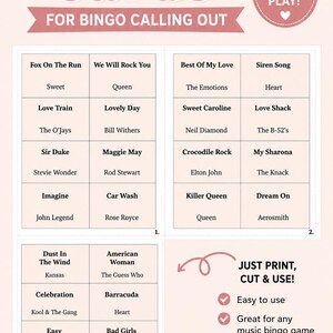 May include: Printable music bingo cards with song titles like "Sweet Caroline" and "Bohemian Rhapsody." The cards are designed for easy printing and cutting, perfect for a fun game night. The design includes a pink color scheme.