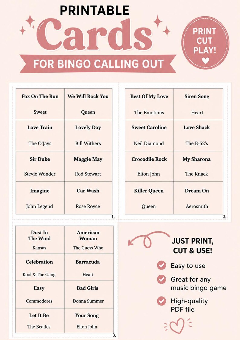 May include: Printable music bingo cards with song titles like "Sweet Caroline" and "Bohemian Rhapsody." The cards are designed for easy printing and cutting, perfect for a fun game night. The design includes a pink color scheme.