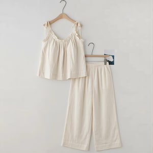 Muslin Cotton Pajama Set Women, Soft Summer Loungewear, Ruffle Strap Sleepwear, Breathable Gauze PJs, Cute Comfy Home Outfit White-Top+Long Pants