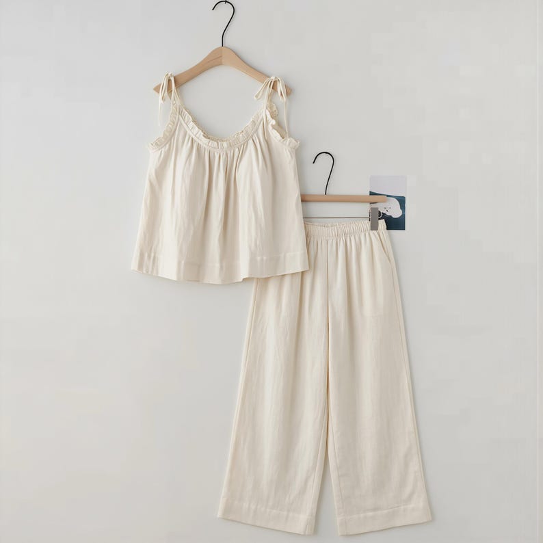 Muslin Cotton Pajama Set Women, Soft Summer Loungewear, Ruffle Strap Sleepwear, Breathable Gauze PJs, Cute Comfy Home Outfit White-Top+Long Pants