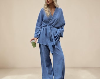 Cotton Pajama Set Womens Muslin Kimono Robe Lounge Sleepwear Soft Two Piece