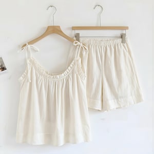 Muslin Cotton Pajama Set Women, Soft Summer Loungewear, Ruffle Strap Sleepwear, Breathable Gauze PJs, Cute Comfy Home Outfit White-Top+ShortPants