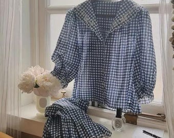 Piżama damska w kratkę gingham, bawełniana bielizna nocna Cottagecore, komplet wypoczynkowy z falbanką w stylu vintage, uroczy strój dwuczęściowy, miękka piżama dla dziewczynki