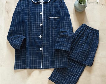 Herren Baumwoll-Pyjama-Set kariert, leichte Sommer-Nachtwäsche, atmungsaktive Knopfleiste PJs, weiches Loungewear-Set, Geschenk für ihn