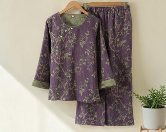 Muslin Cotton Pajama Set Women, Bamboo Print Pajamas, Soft Breathable Sleepwear, Lightweight Loungewear Set, Vintage Floral Pajamas Gift