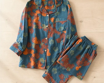 Cotton Pajama Set Women Floral Printed Pajamas Soft Summer Loungewear Lightweight Sleepwear Gift