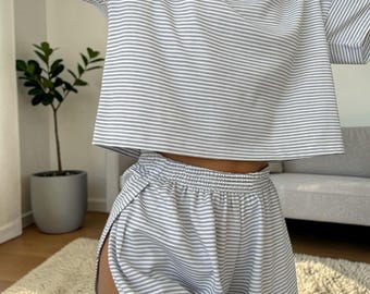 Striped Pajama Set Women, Cute Two Piece PJ Set, Soft Cotton Lounge Set, Short Sleeve Top and Shorts, Matching Sleepwear, Cozy Summer Outfit