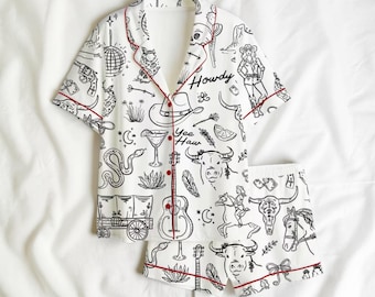 Cowgirl Pajama Set Women, Western Print Pajamas, Cute Bachelorette Party PJs, Soft Button Up Sleepwear, Aesthetic Nightwear Gift
