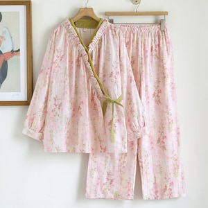 Muslin Cotton Pajama Set Women, Floral Kimono PJs, Soft Cottagecore Sleepwear, Lightweight Lounge Set, Handmade Style Pajamas Gift