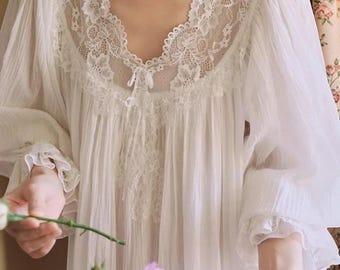 Wiktoriańska bawełniana koszula nocna dla kobiet, długa biała koronkowa koszula nocna, ślubna koszula nocna Fairycore, romantyczna bielizna nocna Cottagecore, prezent dla niej