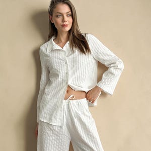 White Cotton Pajama Set Women, Cute Two Piece Sleepwear, Soft Bridal Getting Ready Outfit, Summer Lounge Set, Lightweight Nightwear Gift
