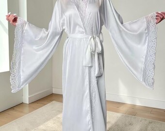 Silk Satin Kimono Robe Womens Scalloped Lace Trim Bridal Lingerie Sleepwear