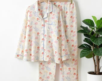 Muslin Cotton Pajama Set Women, Floral Pajamas Set, Soft Breathable Sleepwear, Lightweight Summer Loungewear, Loose Fit PJ Set