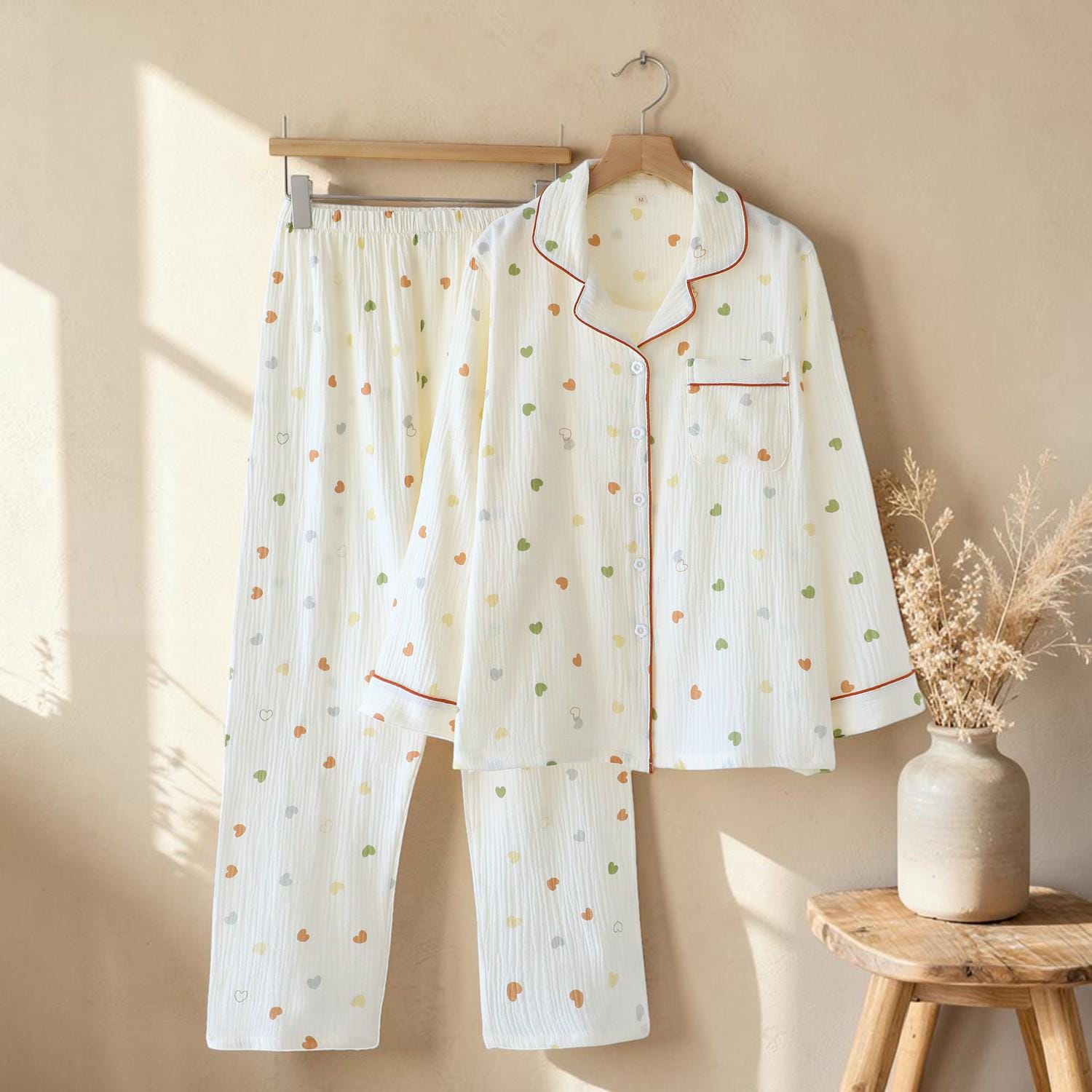 Muslin Cotton Pajama Set Women, Heart Print Sleepwear, Lightweight Summer PJ Shorts Set, Soft Breathable Loungewear, Gift for Her