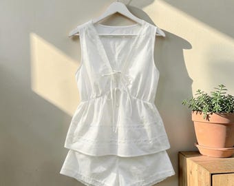 White Cotton Pajama Set Women, Button Down Lounge Set, Soft Two Piece Sleepwear, Minimal Aesthetic Outfit, Bridal Getting Ready Pajamas
