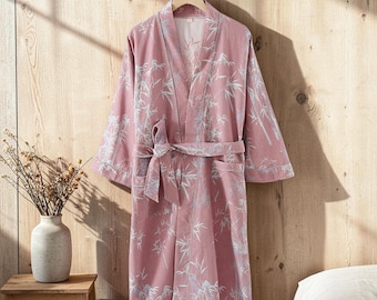 Szlafrok kimono damski bawełniany, szlafrok w stylu japońskim z nadrukiem bambusowym, lekki strój domowy na lato, miękki szlafrok, szlafrok do spa, prezent dla niej