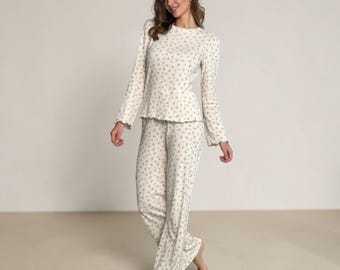 Cotton Pajama Set Womens Organic Pointelle Long Sleeve Soft Lounge Sleepwear