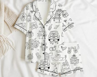Bridal Pajama Set Short Sleeve, Wedding Print Satin PJs, Bachelorette Pajamas, Bride Getting Ready Outfit, Cute Bridal Sleepwear Gift