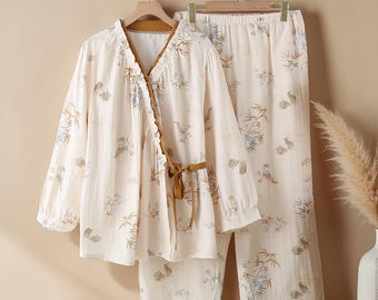 Komplet piżamowy z muślinu bawełnianego dla kobiet, piżama kimono w stylu japońskim, komplet wypoczynkowy z botanicznym nadrukiem, miękka, minimalistyczna bielizna nocna, lekki komplet bawełniany