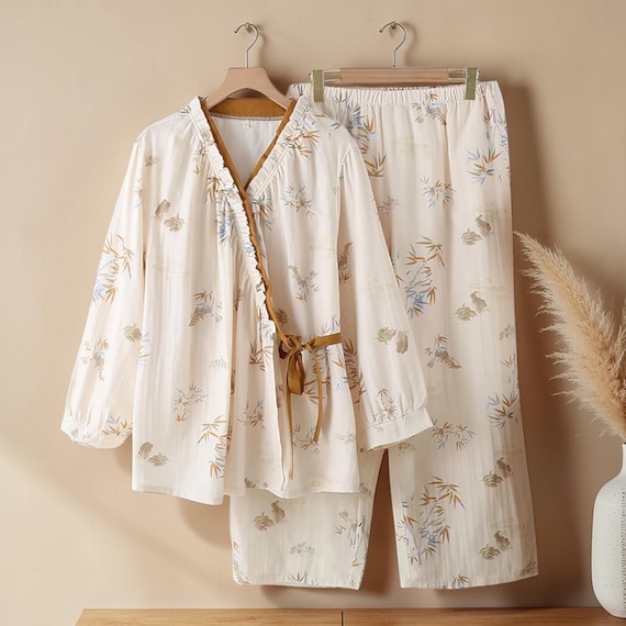 Muslin Cotton Pajama Set Women, Japanese Style Kimono PJs, Botanical Print Lounge Set, Soft Minimal Sleepwear, Lightweight Cotton Set