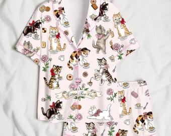 Cat Print Satin Pajama Set, Tea Party Kittens PJs, Cute Pink Cat Sleepwear, Funny Cat Lover Gift, Soft Short Sleeve Pajamas