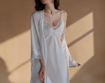 Silk Lace Robe Set Women Sheer White Nightgown, Bridal Lingerie Set, Wedding Morning Robe, Sexy Lace Sleepwear, Boudoir Outfit