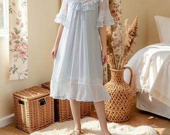 Sheer Lace Nightgown Women, Victorian Ruffle Sleep Dress, Fairycore Bridal Nightgown, Romantic Cottagecore Loungewear Vintage Lace Sleepwear