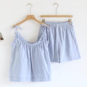 Conjunto de pijama de algodón muselina para mujer, ropa de estar por casa suave para el verano, pijama con tirantes con volantes, pijama de gasa transpirable, conjunto cómodo y bonito para estar en casa.
