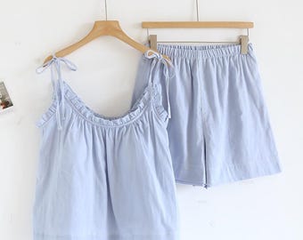 Conjunto de pijama de algodón muselina para mujer, ropa de estar por casa suave para el verano, pijama con tirantes con volantes, pijama de gasa transpirable, conjunto cómodo y bonito para estar en casa.