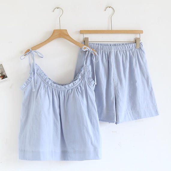 Muslin Cotton Pajama Set Women, Soft Summer Loungewear, Ruffle Strap Sleepwear, Breathable Gauze PJs, Cute Comfy Home Outfit