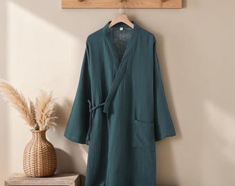 Szlafrok kimono z gazy bawełnianej dla kobiet, miękki muślinowy szlafrok, lekki szlafrok do spa, minimalistyczny szlafrok wypoczynkowy, luźny szlafrok ślubny na prezent