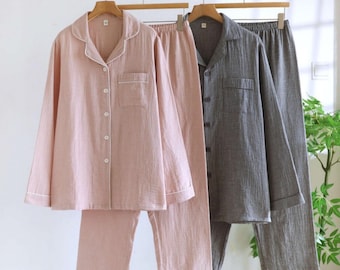 Muslin Cotton Pajama Set Women, Retro Bamboo Print Loungewear, Soft Breathable Sleepwear, Long Sleeve Home Clothes, Cozy Gift for Her
