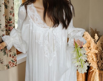 Camisón victoriano de algodón para mujer, vestido de dormir de encaje estilo cottagecore, camisón largo romántico, ropa de estar por casa nupcial estilo fairycore, ropa de dormir vintage