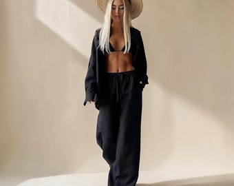 Women’s Cotton Pajama Set 3 Piece Lounge Set Bralette Pants Shirt Soft Sleepwear Bridal Honeymoon Loungewear