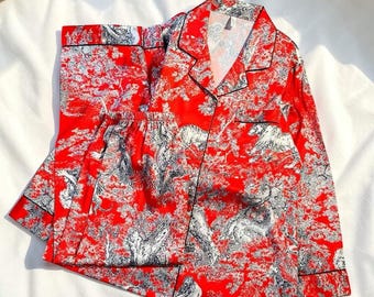 Jungle Print Pajama Set Women, Silky Satin Pajamas, Cute Matching PJ Set, Soft Sleepwear, Luxury Loungewear, Gift for Her