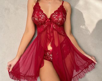 Komplet bielizny damskiej z prześwitującej koronki, seksowna koszula nocna typu babydoll, bielizna nocna dla panny młodej, koronkowa koszula nocna z głębokim dekoltem w serek, prezent na miesiąc miodowy
