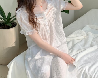 Cotton Nightgown Women Victorian Lace Cottagecore Dress, Princess Sleepwear, Vintage Nightgown, Romantic Bridal Sleep Dress