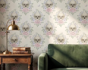 Mural de pared con calaveras en tonos pastel, papel tapiz floral gótico suave autoadhesivo para dormitorio, arte de pared botánico removible.