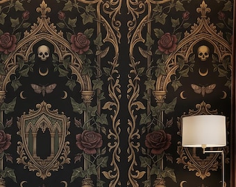 Mural autoadhesivo de calavera floral estilo gótico oscuro, papel tapiz de vinilo no tejido.