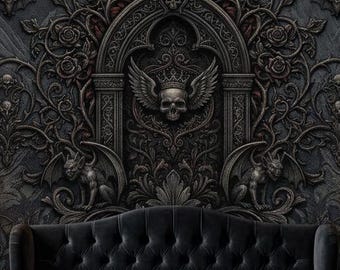 Papier peint tête de mort gothique, décoration murale victorienne sombre, art mural damassé noir, décoration murale amovible de mauvaise humeur