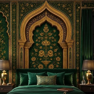 Puede incluir: Un dormitorio con una cama de terciopelo verde oscuro y almohadas a juego, flanqueada por dos mesitas de noche de madera con lámparas doradas. La pared muestra un diseño de arco dorado sobre un patrón floral, con cortinas verdes y alfombra.