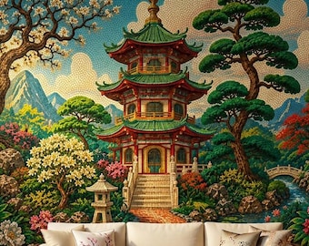 Papel de parede adesivo com pagode japonês, mural de parede em vinil com mosaico de jardim, decoração de parede não tecida com tema de templo asiático