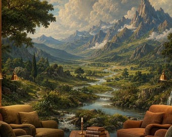 Fantasy Mountain Landscape Wall Mural, Peel and Stick Scenic Nature Vinyl Wallpaper, River Valley Wall Decor Non Woven